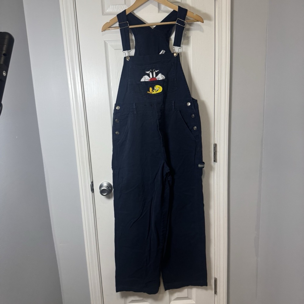 Vintage Looney Tunes Sylvester Tweety Navy Cotton Overalls Women's M Embroidered